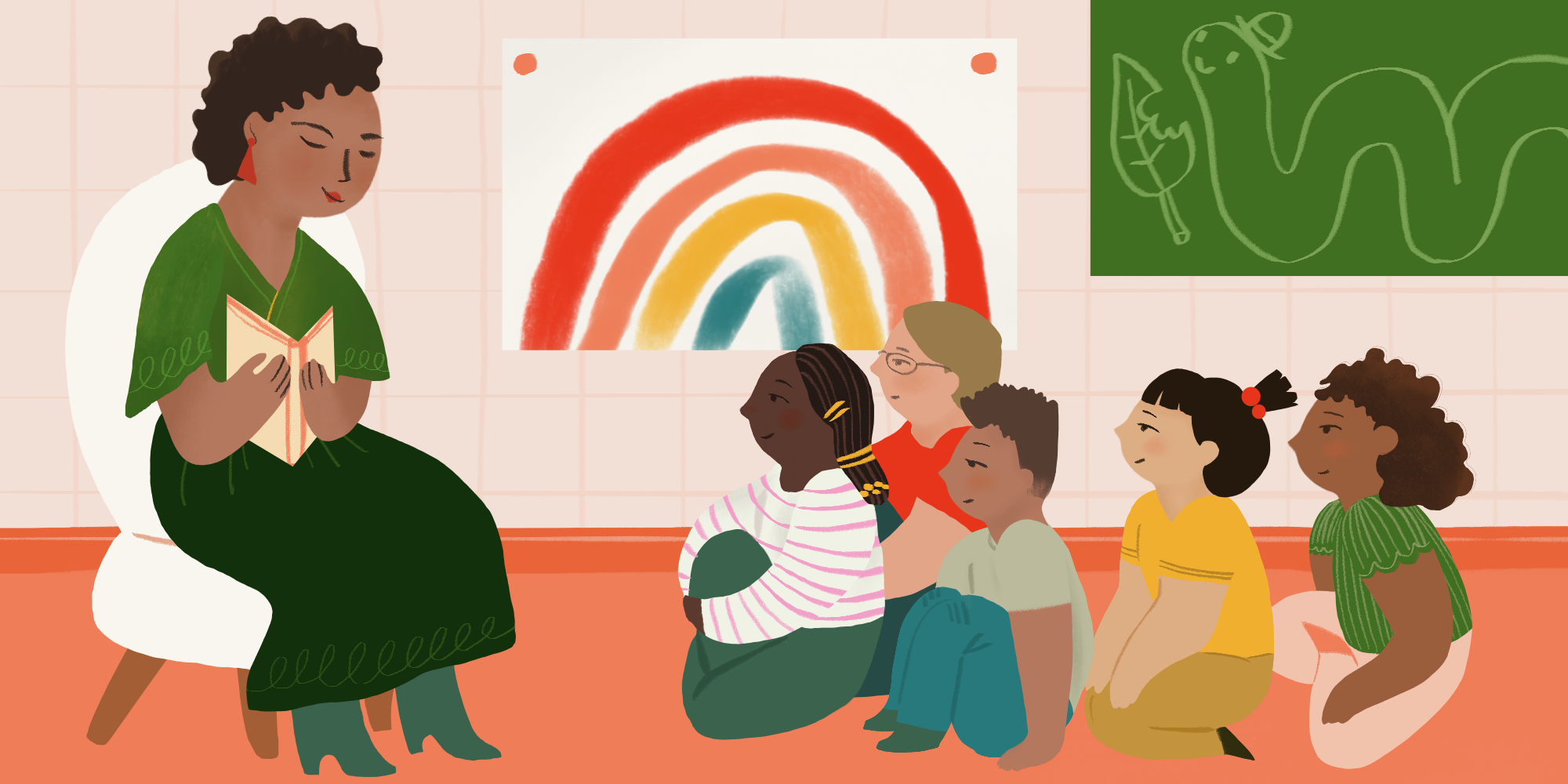 An illustration depicts a child care provider reading a book to a classroom of children. The child care provider has a dark skin tone, short curly hair, and wears a green shirt and skirt. The group of children are sitting on the floor listening to the story she tells. In the background are posters of a rainbow and a caterpillar eating a leaf.