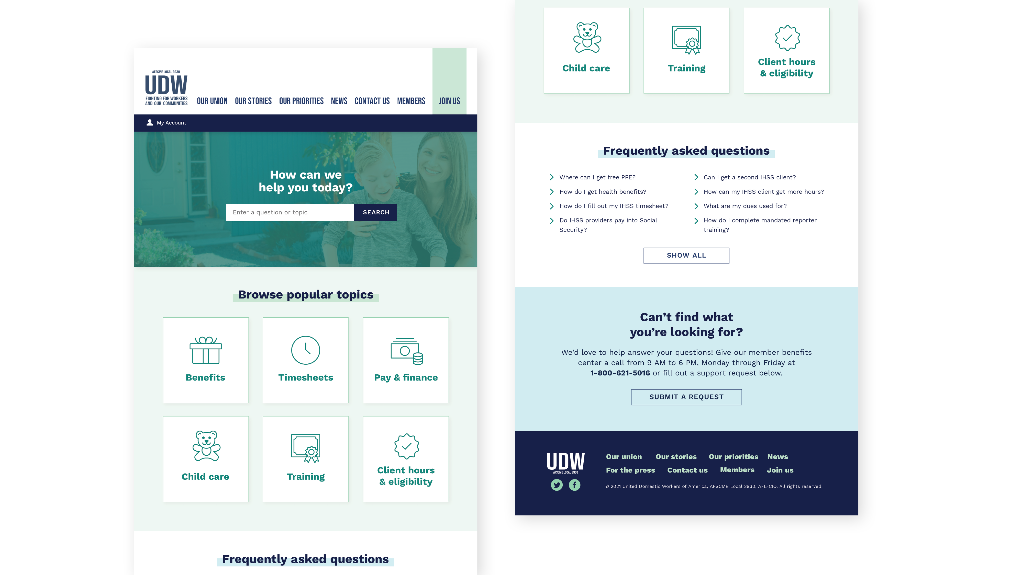 Mockup of a website help center across two panels. Above the fold is a search bar above an image of a caregiver and her client. Below is a list of topics to choose from, like benefits and timesheets, as well as frequently asked questions.