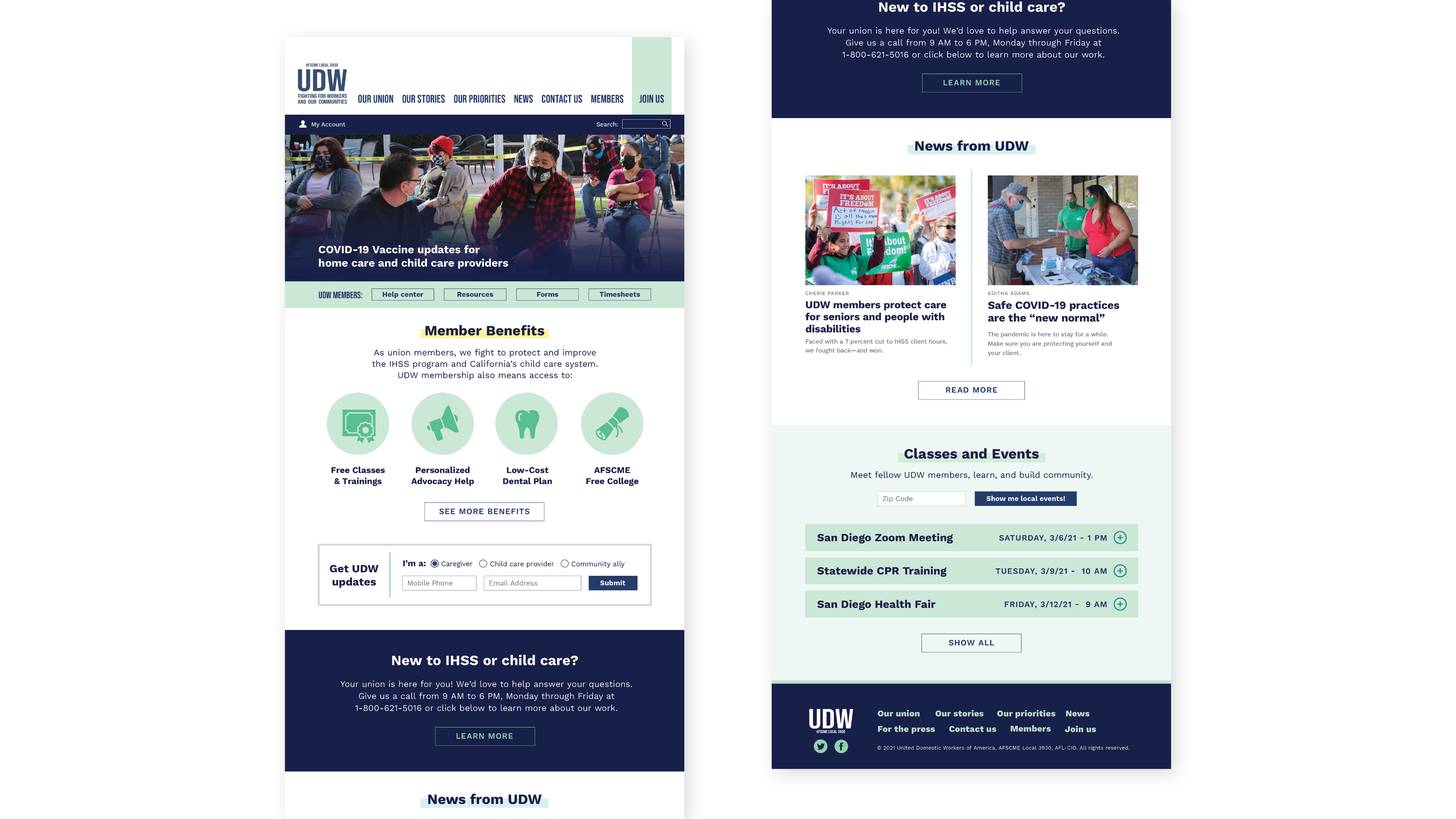 Mockup of a website homepage across two panels. Above the fold is a headline on COVID-19 vaccine availability for care workers. Below the content continues to include a section on member benefits, email signup, news, and local events.