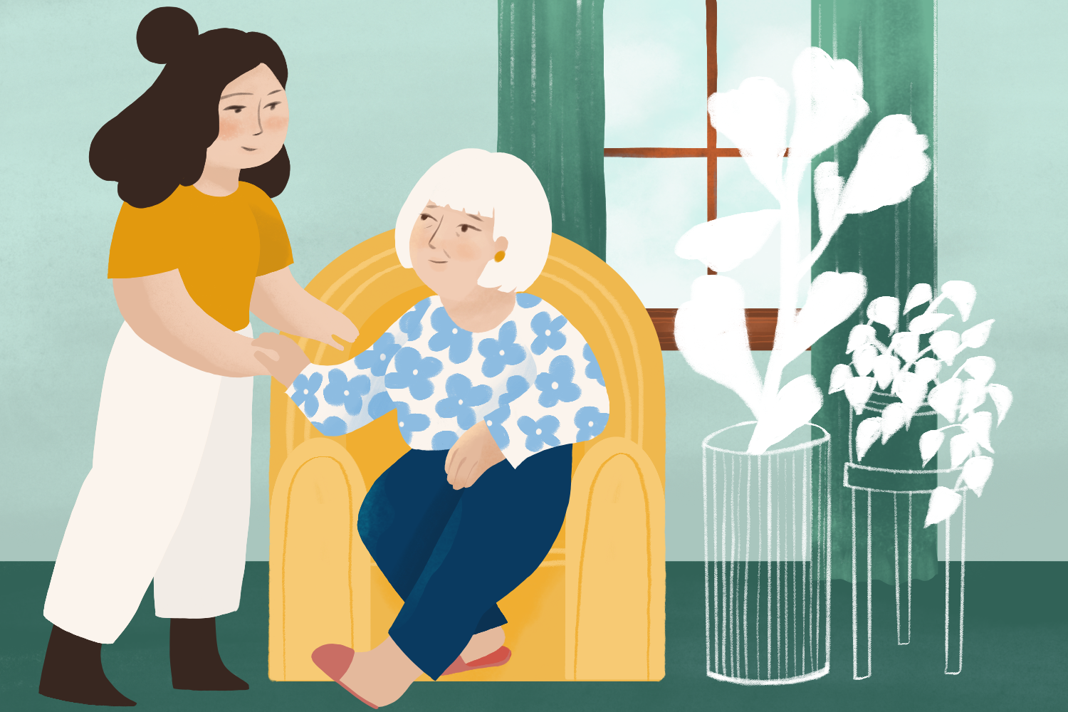 An illustration of a caregiver holding her client's hand while the client is seated. The caregiver has a light-medium skin tone, mid-length brown hair, and wears a yellow shirt with white pants. The client sits on a yellow armchair next to a window and some houseplants. The client is an older adult with a light skin tone and white hair and wears a floral patterned shirt with dark blue pants and house slippers..