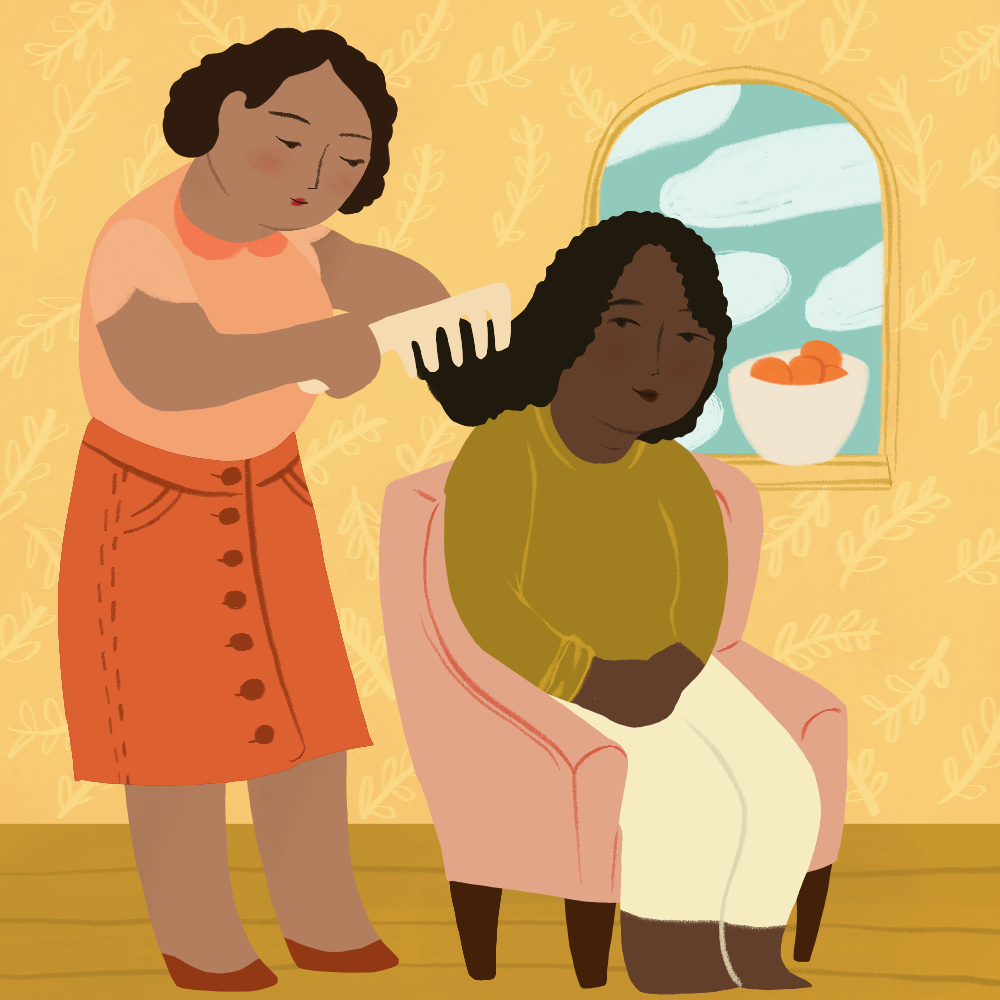 An illustration of a caregiver brushing her client's hair while the client is seated. The caregiver has a medium skin tone, wears a pink shirt and a red skirt. Client sits on a pink armchair next to a window with a view of the sky. The client has a dark skin tone, wears a mustard-colored shirt and white pants.