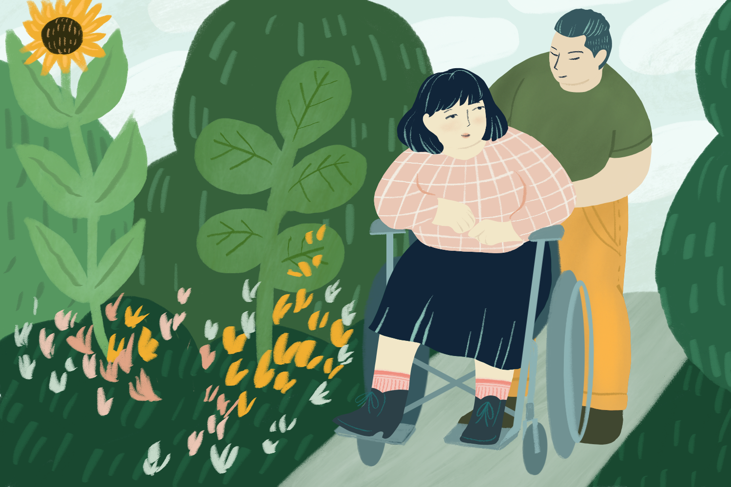 A caregiver pushes his client in her wheelchair on a paved path through a garden. The caregiver has a light skin tone, dark hair, and wears a green shirt with yellow pants. His client has a light skin tone, a short, dark haircut with bangs, and wears a pink shirt and a navy skirt. There are flowers and bushes around them on either side of the path.