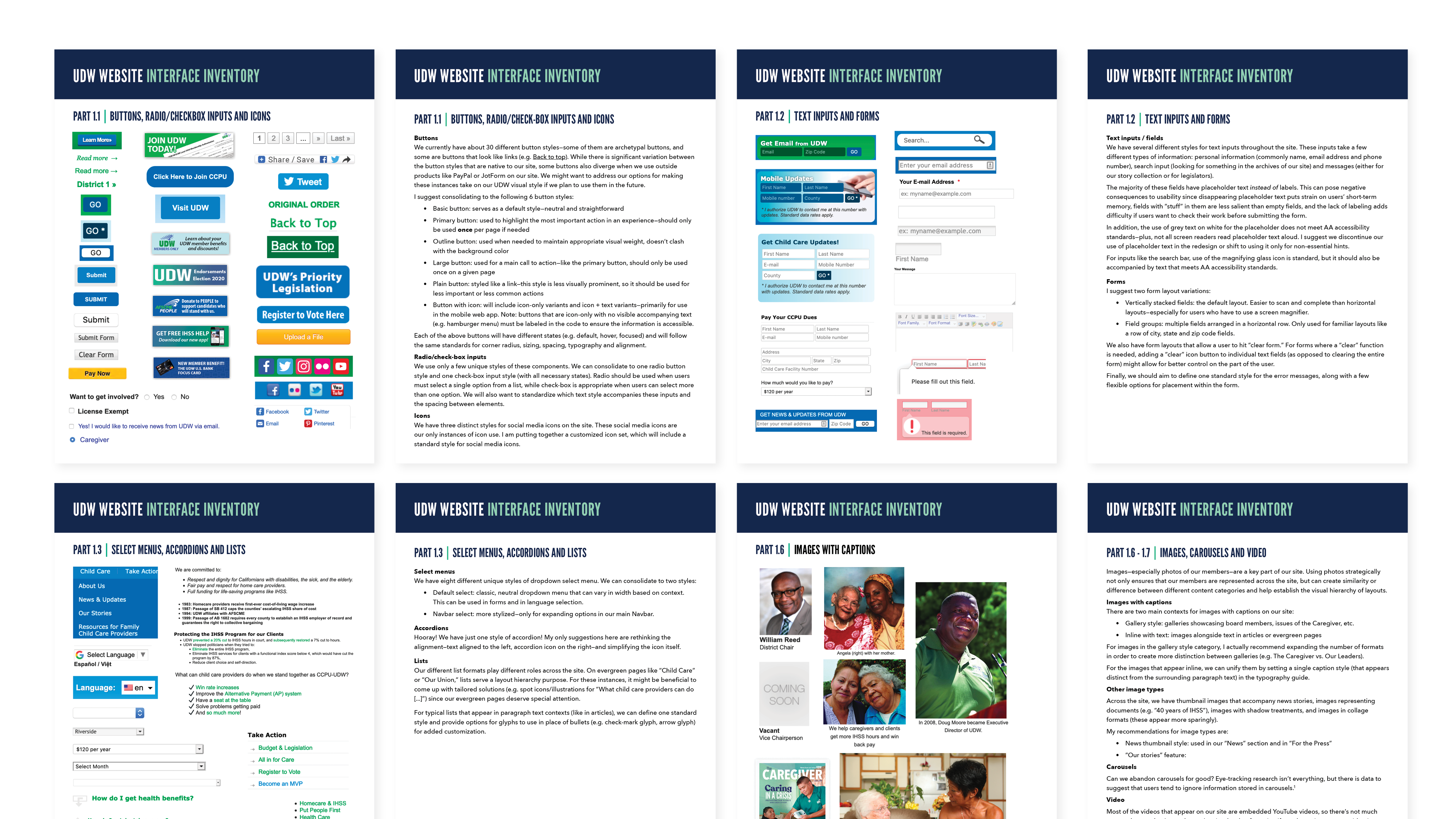 An image of eight pages in an interface inventory. The pages include screenshots of different interface components like buttons, search bars, and text inputs.