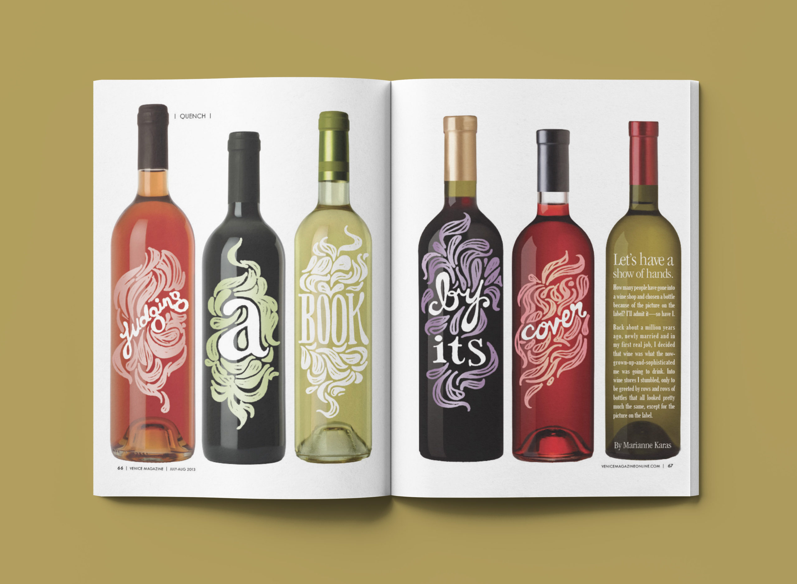 An open magazine shows a spread of six wine bottles with hand-drawn typography over top in white. The typography reads 