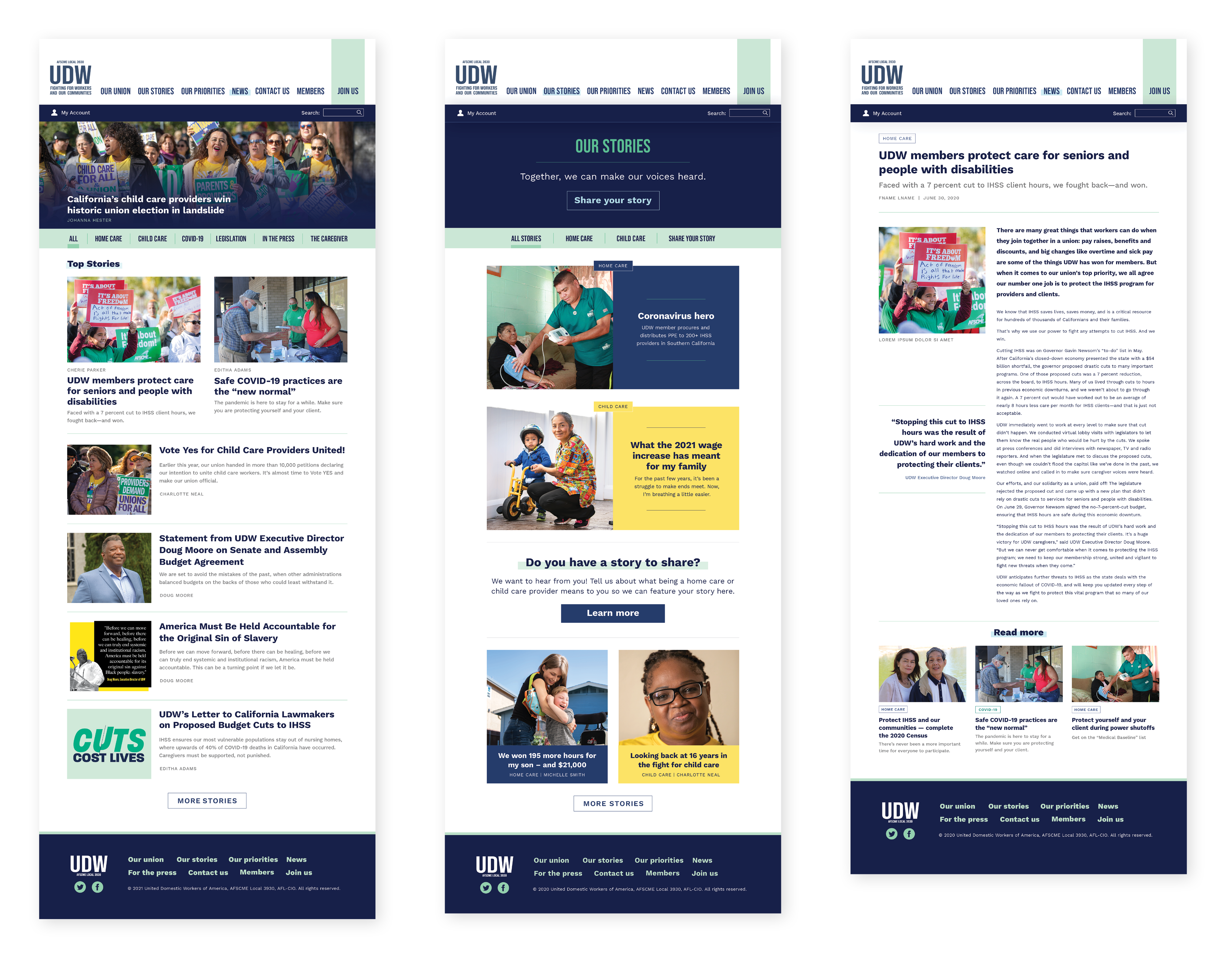 Three newsfeed interfaces sit atop a light background. One contains updates on home care and child care, the second contains personal stories of care workers and their clients, and the third is an article about the fight to protect In-Home Supportive Services from cuts.