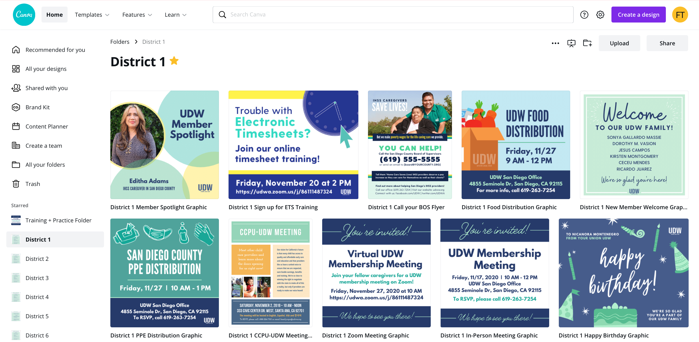 Screen capture of a Canva folder containing templates for posters, flyers, and social media graphics.