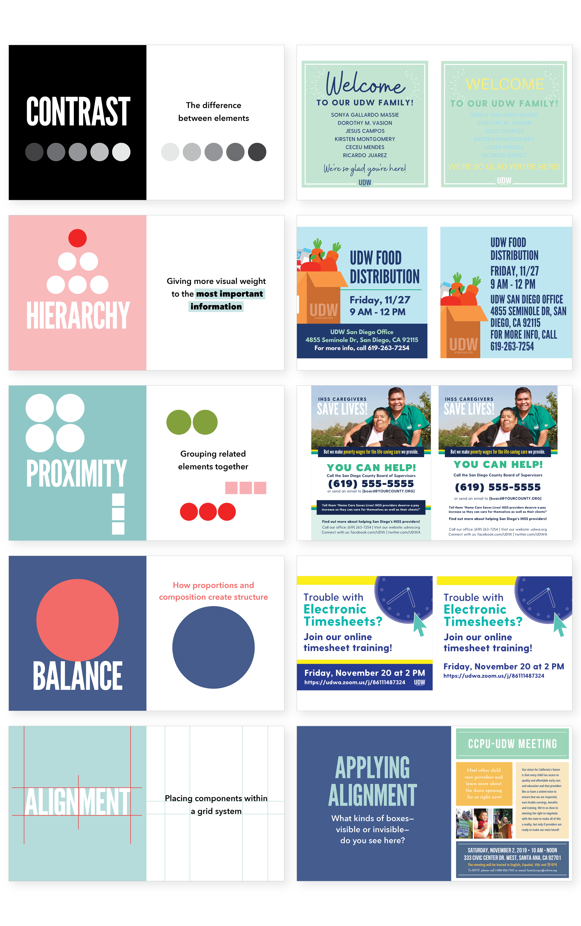 Slides from a training to teach foundational graphic design principles like contrast, hierarchy, balance, and alignment.