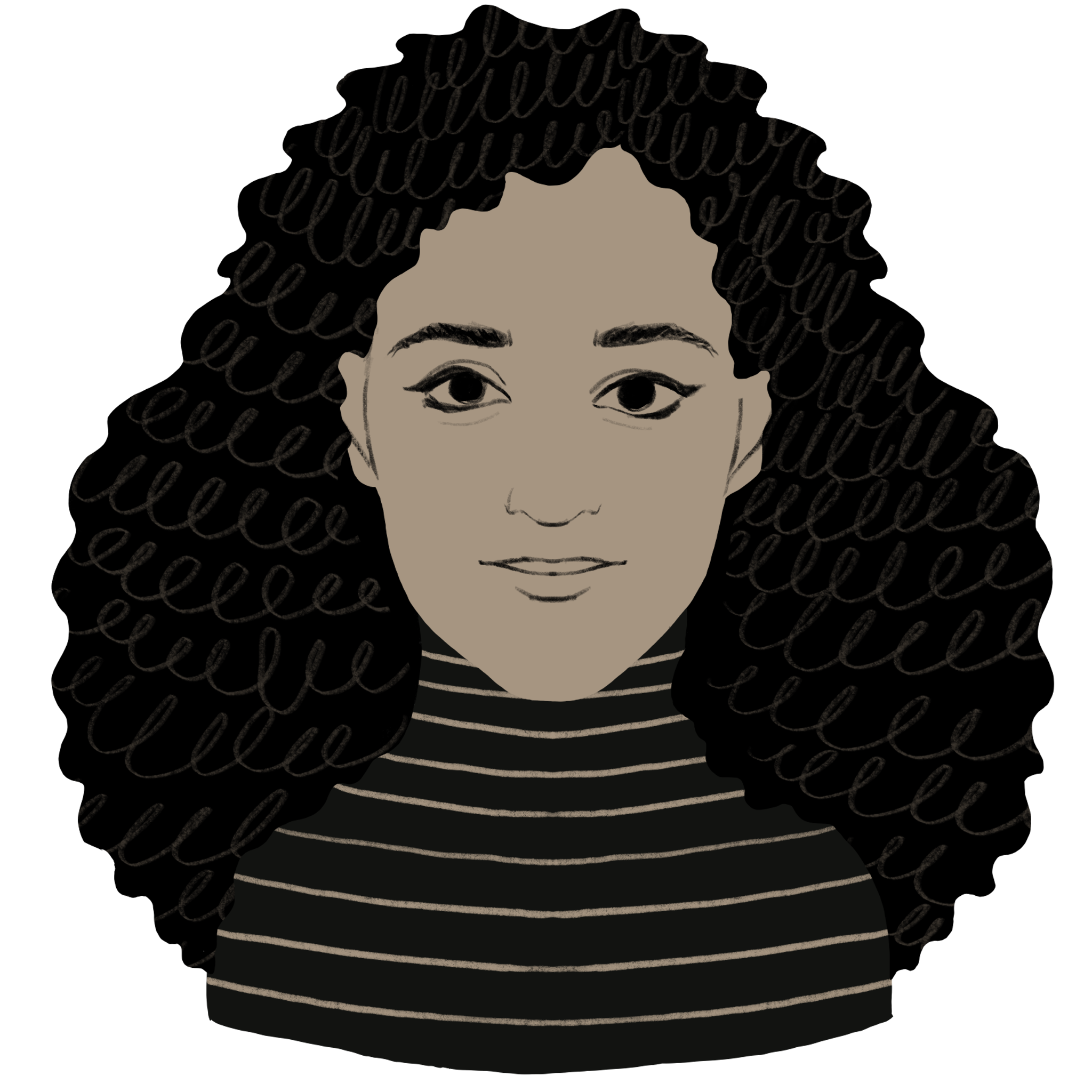 An illustration of a girl with curly hair and a striped sweater